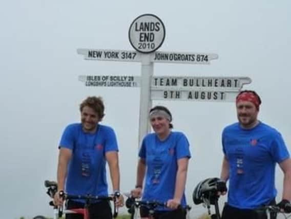 From left to right: James Chevalier, Mark Fradgley and his sister, Laura, when they rode from Lands End to John O'Groats 9 years ago, shortly after Mark's diagnosis.