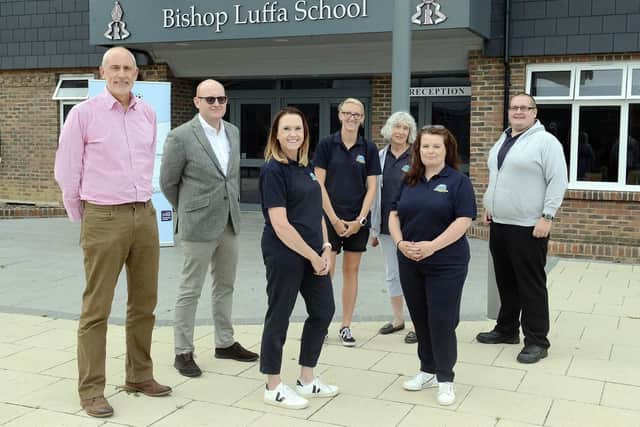 Mark Nicholds, Bishop Luffa business manager, Austin Hindman, headteacher, Clare Lawrence and Caroline Amblar, directors of CCs, Jess Thomson, Clare Mead and Sam Smith, play workers. Photo: Kate Shemilt. ks190490-1