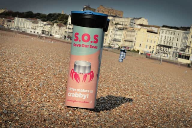Save Our Seas bins on Hastings seafront beaches. SUS-191009-093903001