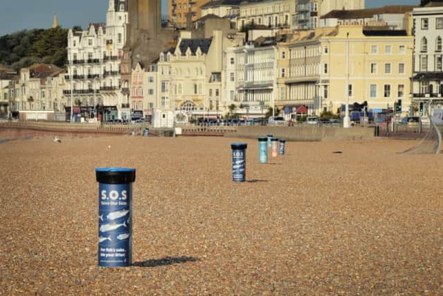 Save Our Seas bins on Hastings seafront beaches. SUS-191009-093929001