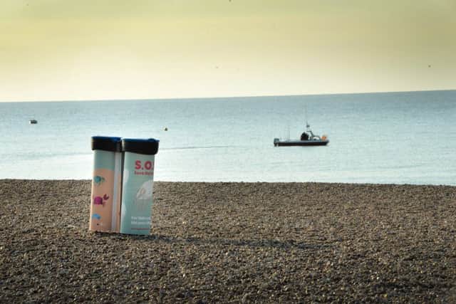 Save Our Seas bins on Hastings seafront beaches. SUS-191009-093831001