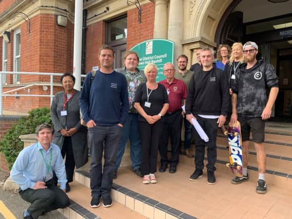 Cllr Jay Brewerton and Cllr Christine Bayliss join RDC officers and representatives from Canvas Spaces, the newly appointed contractor for the Sidley Recreation Ground skatepark project SUS-191009-153054001