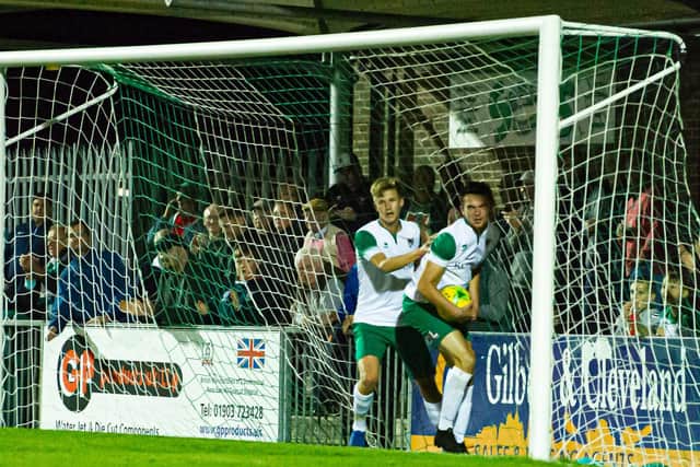 Bognor's players retrieve the ball after Tommy Leigh's goal makes it 2-1 / Picture by Tommy McMillan