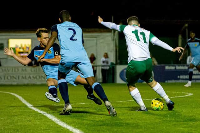 Brad Lethbridge shoots at the Cheshunt goal / Picture by Tommy McMillan