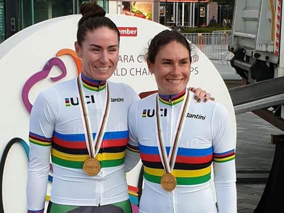 Katie-George Dunlevy (right) and pilot Eve McCrystal retain gold at the UCI Para-cycling World Road Championships 2019. Picture courtesy of Alana Dunlevy.