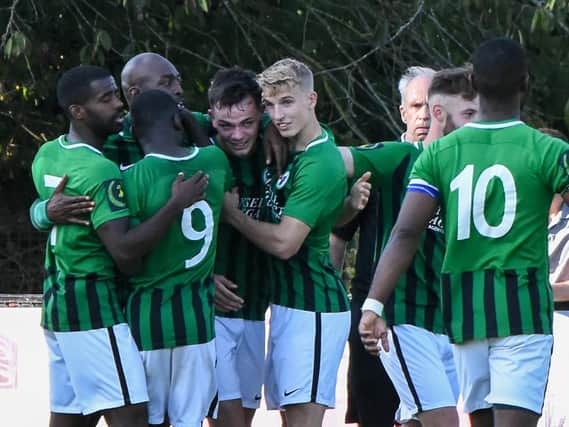 Burgess Hill Town celebrate Charlie Bennetts goal. Picture by Chris Neal