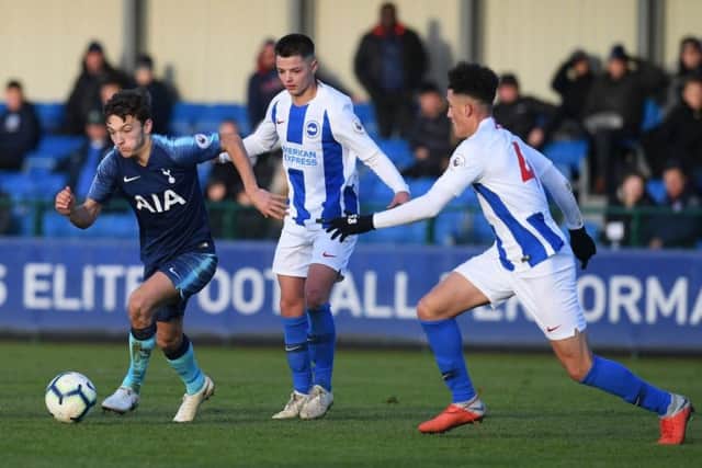 BRIGHTON, ENGLAND - FEBRUARY 03: George Marsh of Tottenham is challenged by Jack Spong (L) and Hayden Roberts of Brighton during a Premier League 2 match between Brighton & Hove Albion U23 and Tottenham Hotspur U23 on February 03, 2019 in Brighton, England. (Photo by Mike Hewitt/Getty Images) SUS-190925-213222002