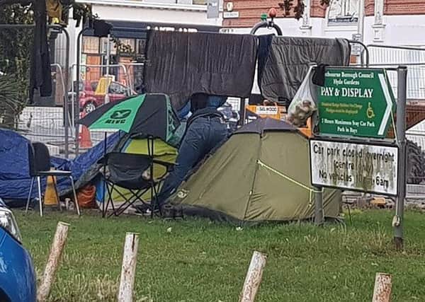 A tent set up by a homeless person in Hyde Gardens, Eastbourne