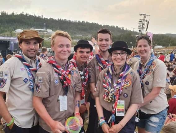 Sean Edwards, district explorer scout commissioner, Kristofer, Ben, Will, Megan and Vicki Prince, a county climbing instructor