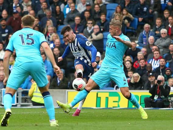 Aaron Connolly fires home a magnificent third goal during Brighton's 3-0 victory against Tottenham Hotspur.