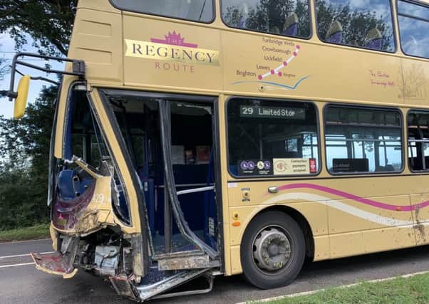 The bus was badly damaged in the collision on the A26 near Lewes yesterday (October 8)