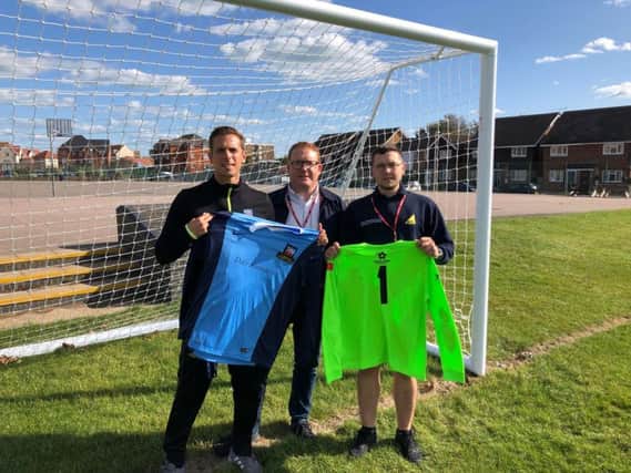 Steve Dallaway, Head of PE & Sport at St Richards (left), Skilteks James Hopkins (centre) and Dax Hart from Dale Saunders Ltd. showing off the new kits.