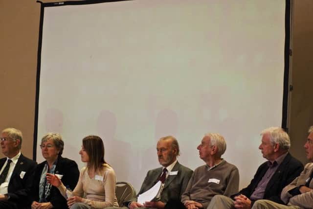 Speakers during question time. (Left to right) Alan Green, Caroline Kay, Joan Humble, Sir Donald Insall, Martin Meredith, Steve Langtree and Richard Cole