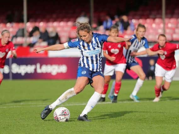 Kayleigh Green scored Brighton's only goal of the match from the penalty spot Picture: Paul Hazelwood (BHAFC)