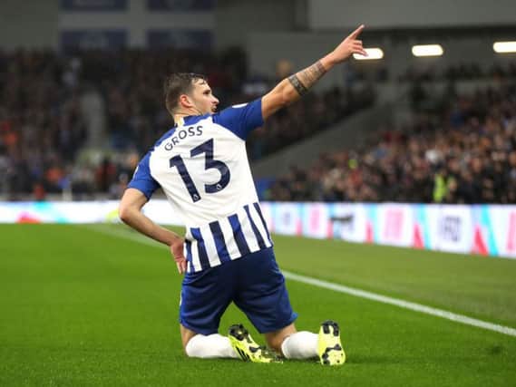 Brighton and Hove Albion's Pascal Gross celebrates his first goal of the season during last week's victory against Everton