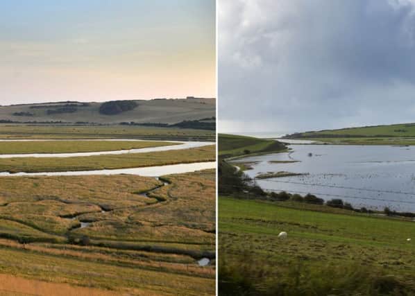 Cuckmere Haven before and after flooding. Both pictures by Jon Rigby.