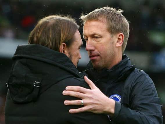 Brighton and Hove Albion manager Graham Potter with Norwich City boss Daniel Farke