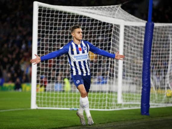 Brighton and Hove Albion's Leandro Trossard celebrates his opening goal against Norwich City at the Amex Stadium