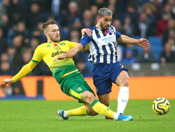 Brighton and Hove Albion striker Neal Maupay makes life difficult for the Norwich defence at the Amex last Saturday