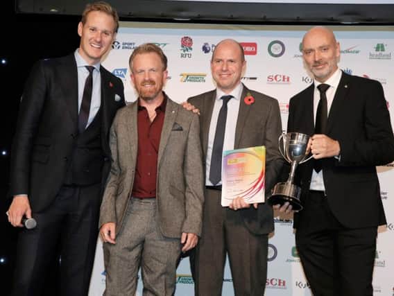 Danny Negus (second left) receives his individual award from Ransomes Regional Sales Director, UK & Ireland William Carr (second right), Derek Smith, DLF Johnsons Amenity Sales &amp; Marketing Manager (far right) and BBC TV presenter Dan Walker. Photo courtesy of Colin Hoskins