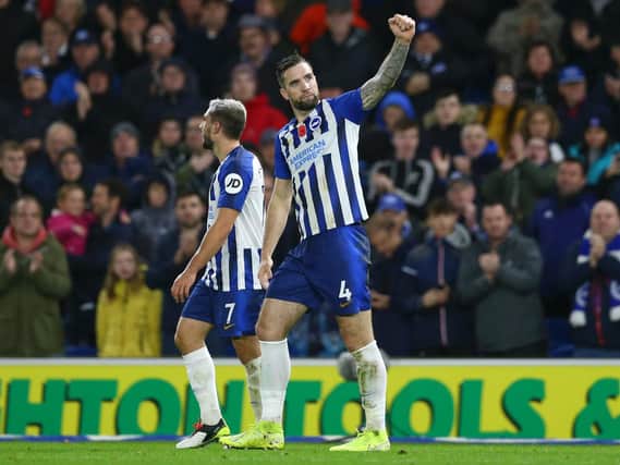 Brighton and Hove Albion defender Shane Duffy celebrates his goal against Norwich City at the Amex Stadium last Saturday