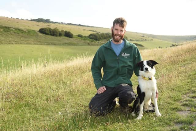 Tom Parry, grazing Manager for the Wildlife Trust and Sheep-dog-in training Reg