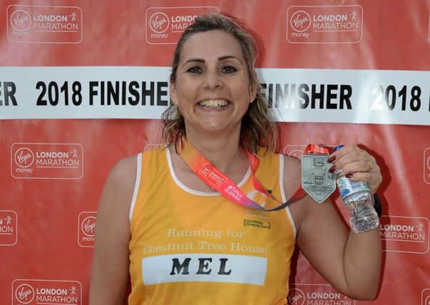 Melanie Hammond after the April 2018 London Marathon for Chestnut Tree House