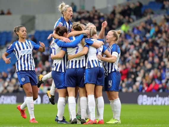 Albion players celebrate scoring Kayleigh Green's first goal (picture: Paul Hazlewood @bhafc)