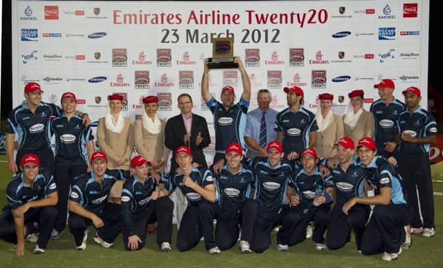 Sussex Sharks celebrate winning the Emirates Airline Twenty20 in Dubai last March