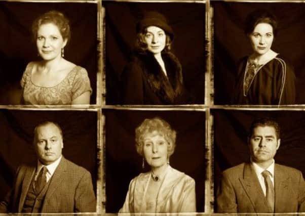 Cast of Crown Matrimonal. Photograph top left to bottom right shows cast members in various roles: Jo Flay, Fiona Wilson, Jo Flay, Nicholas Rowland, Janet Tachauer, Jason Newton