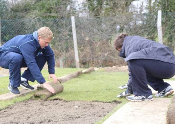 Rory Hamilton-Brown helps lay some turf at Crowhurst Park Cricket Club