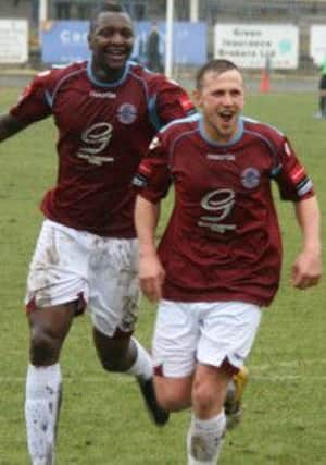 Alassane N'Diaye and Sam Adams celebrate Hastings United's goal in the 2-1 loss to Hendon. Picture by Terry S. Blackman