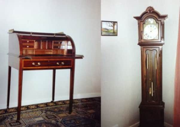 A desk and grandfather clock which were stolen during a burglary at a property in Top Road, Hooe, on April 12 2013.