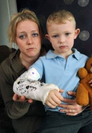 Samantha Harriss son, Thomas, has him arm in plaster after the accident     W16900H13
