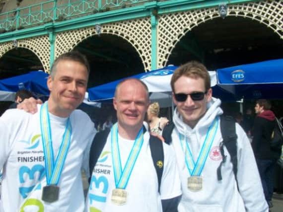 HH Harriers at the brighton Marathon L to R Barry Tullett, Andy Biggs & Richard Sutor
