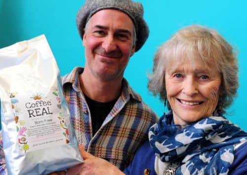 JPCT 170413 Coffee Real Ltd launches new blend 'Born Free'.  Virginia McKenna OBE, founder and trustee of the Born Free Foundation, in attendance to roast the first batch. Owner Gary Best and Vitginia McKenna. Photo by Derek Matin