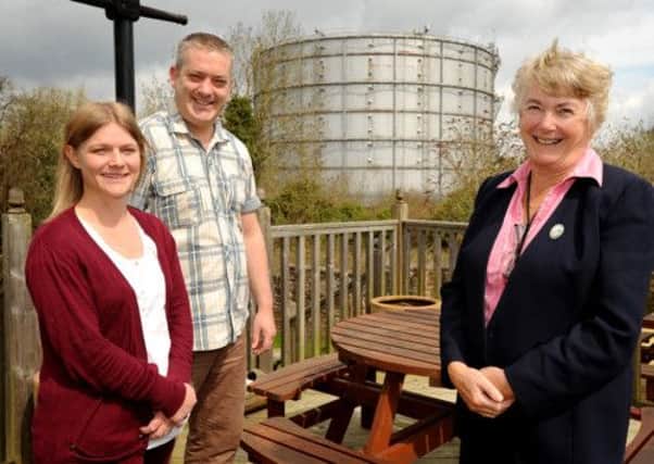Tony and Sarah Cornwell from the Windmill pub with local councillor Pru Moore infront of the Gasometer which is going to be knocked down