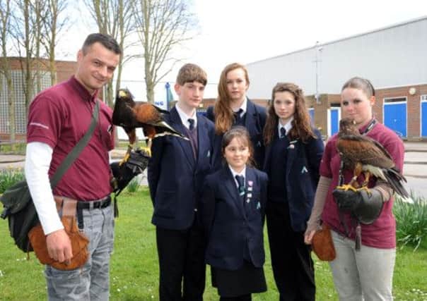 Kevin and Michelle from Hawking About with hawks and students          L17173H13