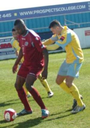 Alassane N'Diaye on the ball during Hastings United's 1-1 draw at Canvey Island on Saturday. Picture by Simon Newstead