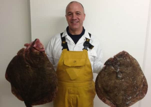 Jay Hunter with the two extraordinary turbots caught off the coast of Littlehampton, last week,