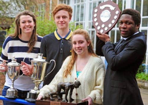 JPCT 260413 Reflections assembly at Steyning Grammar School. Ellie Young 18, Jamie Ampleford 18, Kirsten Large 17 and Anthony Njoku 18. Award winners L to R  Photo by Derek Martin