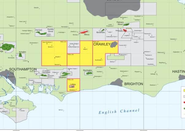 Map of licenses for drilling for oil and gas in West Sussex (submitted).