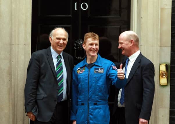 British Astronaut Tim Peake with Vince Cable and David Willetts PRESS ASSOCIATION Photo