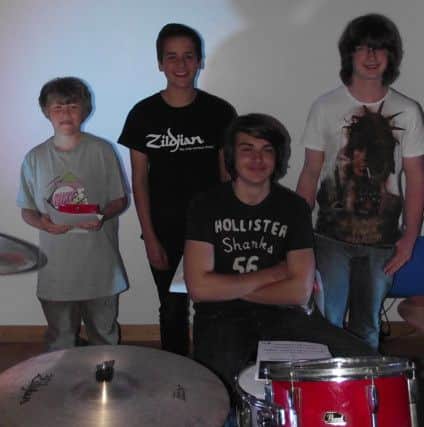 Winners of The Forest School Drum-Off competition. Left to Right: Jack Steggles, Tom Southon, Harry Gibbs and Tommy Elston