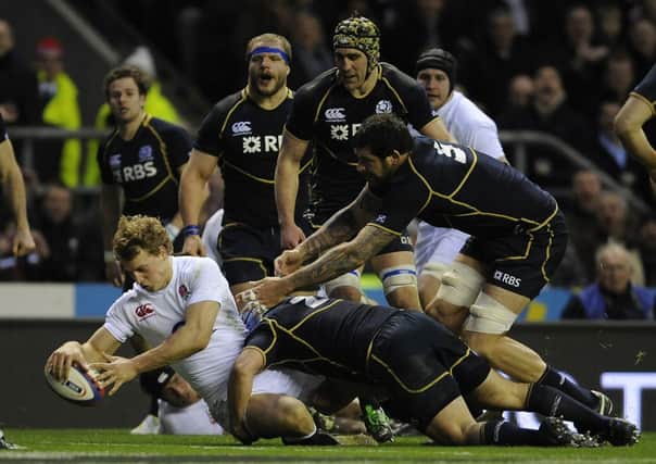 Billy Twelvetrees scoring against Scotland in the 6 Nations