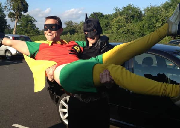 Hugh Lawrence and Brandon May dressed as Batman and Robin to support the Shelley Arms' fundraiser for Help for Heroes.