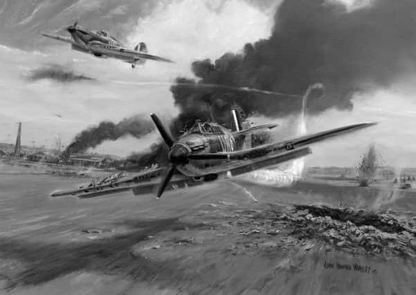 Billy Fiske lands his damaged 601 Squadron Hurricane at Tangmere during the bombing raid of 16 August 1940. From an oil painting by local artist John Howard Worsley.