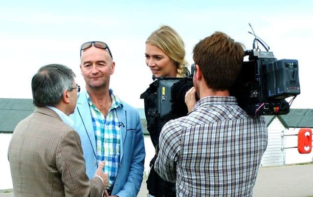 Bexhill Museum chariman John Betts with television presenters David Harper, Jodie Kidd and director Ollie Sloan