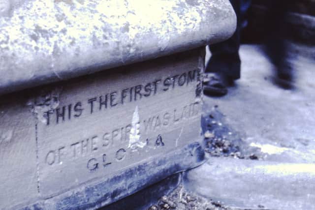 The spire foundation stone which was laid at Chichester Cathedral in 1865 (photo taken in the 1970s)