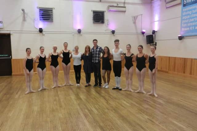 Dance students alongside ballet teacher, Nikki Tarry, principal, Joustine Murray, West End star, Ashley Day, and top choreographer, Helen Dixon